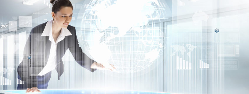 asset-planning-solutions Concept image of a businesswoman studying data by looking at a holographic Earth