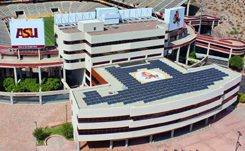 Aerial view shows solar panels on the roof of Sun Devils Stadium at Arizona State University