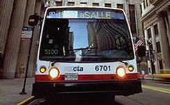 Front view of a Chicago Transit Authority bus in downtown Chicago