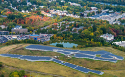 Aerial view of solar farms built on landfill sites in Lowell, Massachusetts