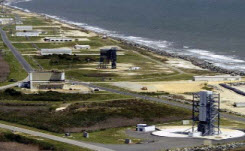 Daytime aerial view of NASA Wallops Flight Facility with the launch pad in the forground