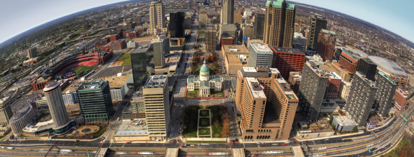 saint-louis Daytime aerial view of the City of St. Louis, Missouri shot with a fisheye lens