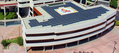 sun-devils-stadium-solar-thermal Aerial view of the entrance of Sun Devils Stadium, showing solar thermal panels installed on the roof