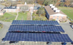 Daytime aerial view of solar canopies in a Town of Wayland parking lot