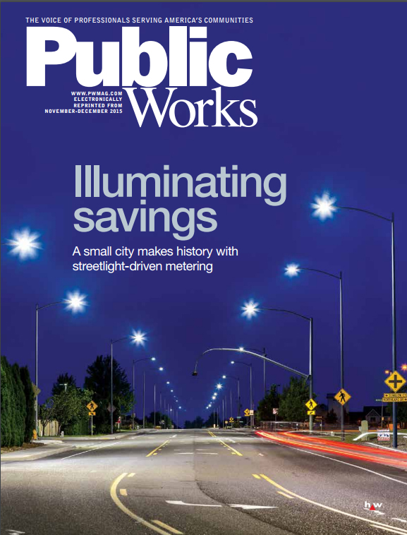 Cover of the November-December 2015 issue of Public Works magazine, showing a suburban street at night illuminated with LED streetlights