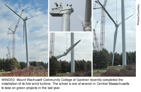 A collage of images of the construction of a wind turbine at Mount Wachusett Community College
