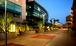 Evening view of the Henderson, Nevada city hall complex lit with LED lights