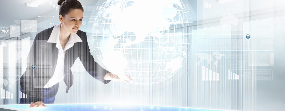 Concept image for data analysis showing a woman in a business suite reaching out to a holographic projection of the Earth