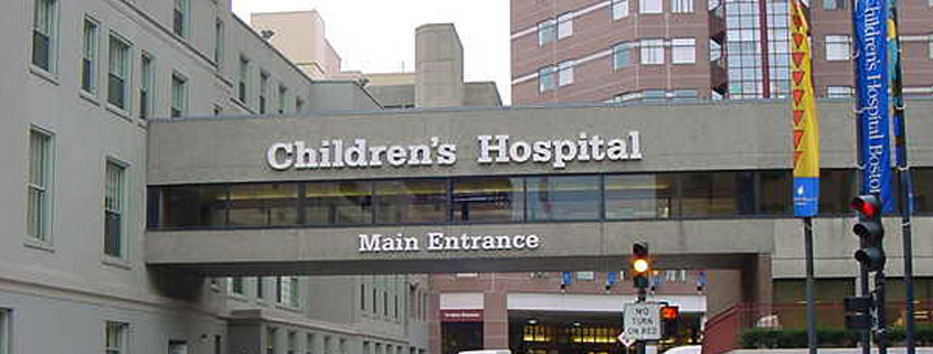 Daytime view of Children's Hospital in Boston, showing the bridge over the main entrance