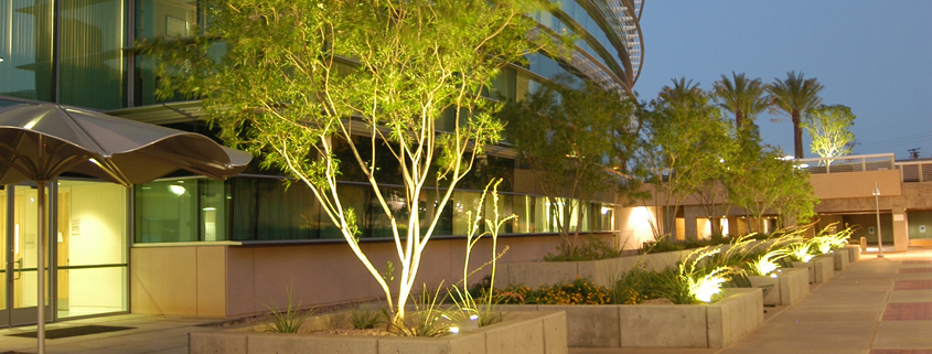 Evening exterior view of Henderson City Hall in Nevada showing upgraded lighting from Ameresco