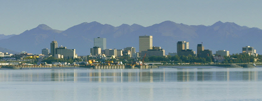 Daytime view of Anchorage, Alaska shot from across Cook Inlet.