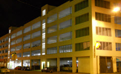 Nighttime view of a parking garage in Anchorage, Alaska