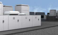 batteries-and-energy-storage-245-151 Daytime view of battery enclosures on the roof of a building