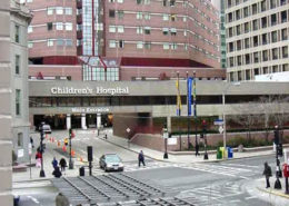 Daytime view of the main entrance and building at Children's Hospital Boston