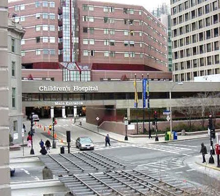 Daytime view of the main entrance and building at Children's Hospital Boston