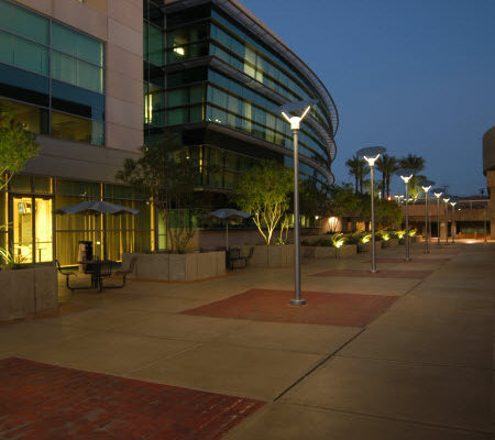 Evening view of a pedestrian walkway lit with LED lighting in Henderson, Nevada