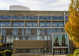 Daytime autumn exterior of the main entrance of Community College of Rhode Island