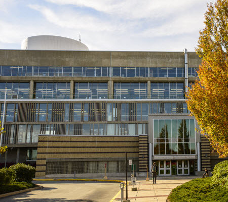 Daytime autumn exterior of the main entrance of Community College of Rhode Island