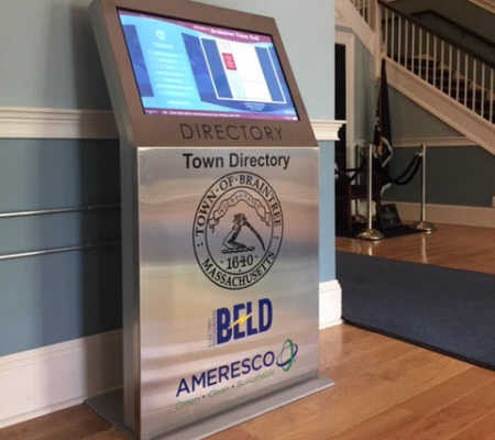View of an interactive solar energy kiosk in the lobby of Braintree Town Hall