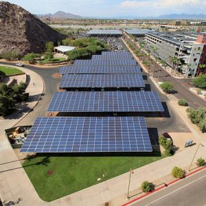 arizona-state-university-featured-image Panoramic aerial view of Arizona State University showing solar canopies over parking lots and on the roof of a parking garage