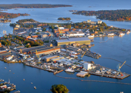 Daytime aerial view of Portsmouth Naval Shipyard