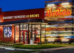 Nighttime exterior of a Red Robin standalone restaurant