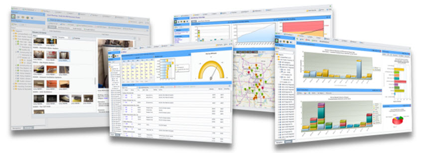 ameresco-assetplanner-screen-shots Several screen shots of Ameresco AssetPlanner software, showing graphs, charts and maps