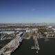 Daytime aerial view of Philadelphia Navy Yard with docks in the foreground