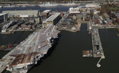 Daytime aerial view of Philadelphia Navy Yard with docks in the foreground