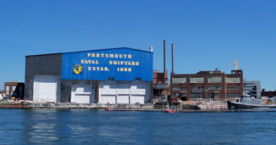 Daytime view of Portsmouth Naval Shipyard, as seen from the water