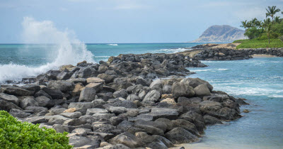 Daytime view of a rocky beach on a Hawaiian island
