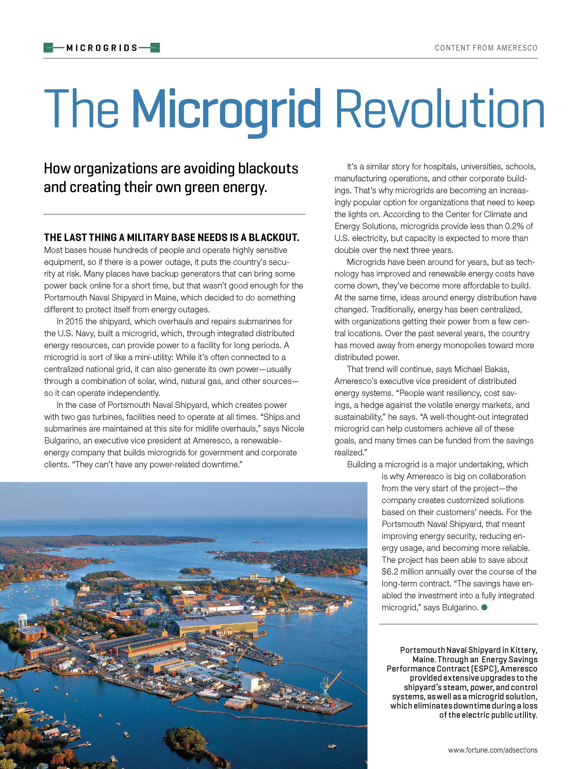 Page from an issue of Fortune magazine discussing microgrid energy systems.