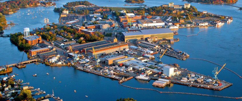 Daytime aerial view of Portsmouth Naval Shipyard