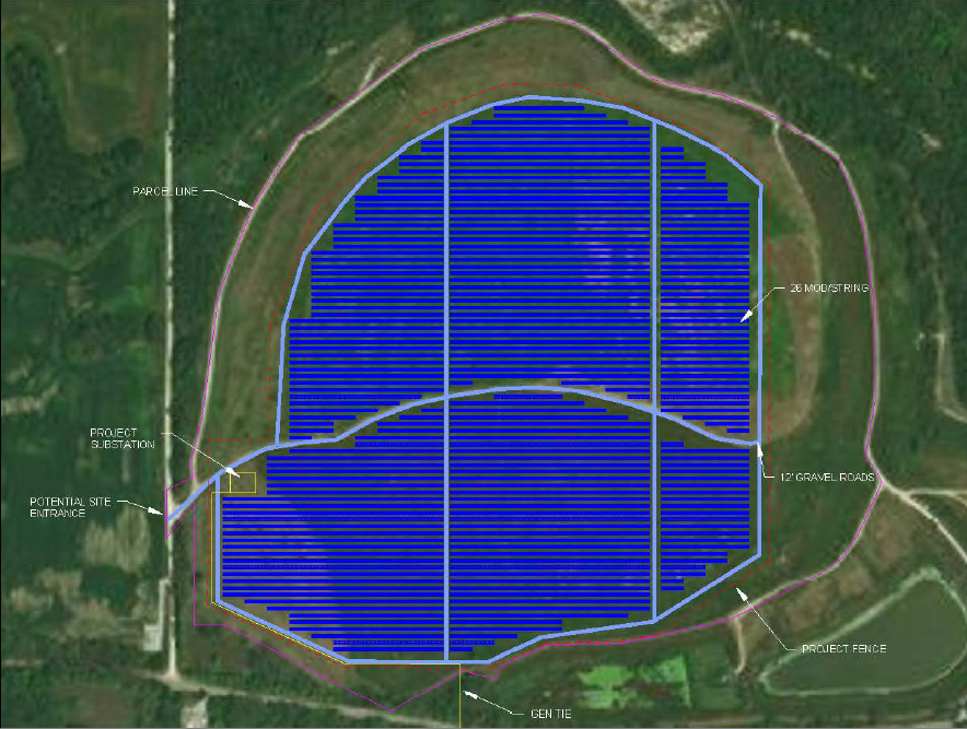 Aerial view of a brownfield solar farm in DePue, Illinois showing proposed locations of solar panels.