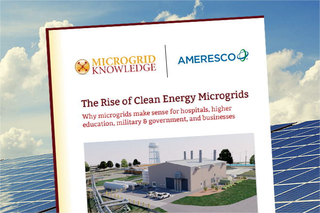 The cover of Ameresco and Microgrid Knowledge's free white paper on microgrids superimposed on a daytime view of solar panels under a blue sky