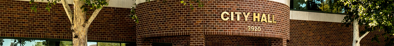 Daytime exterior view of a modern City Hall entrance with the words City Hall mounted on a brick rotunda.