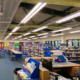 Interior view of a library with LED overhead lights in West Lothian