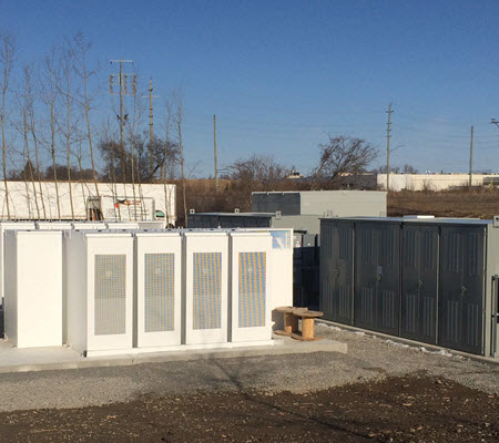 Daytime exterior wide-angle view of the Newmarket, Ontario, battery energy storage system