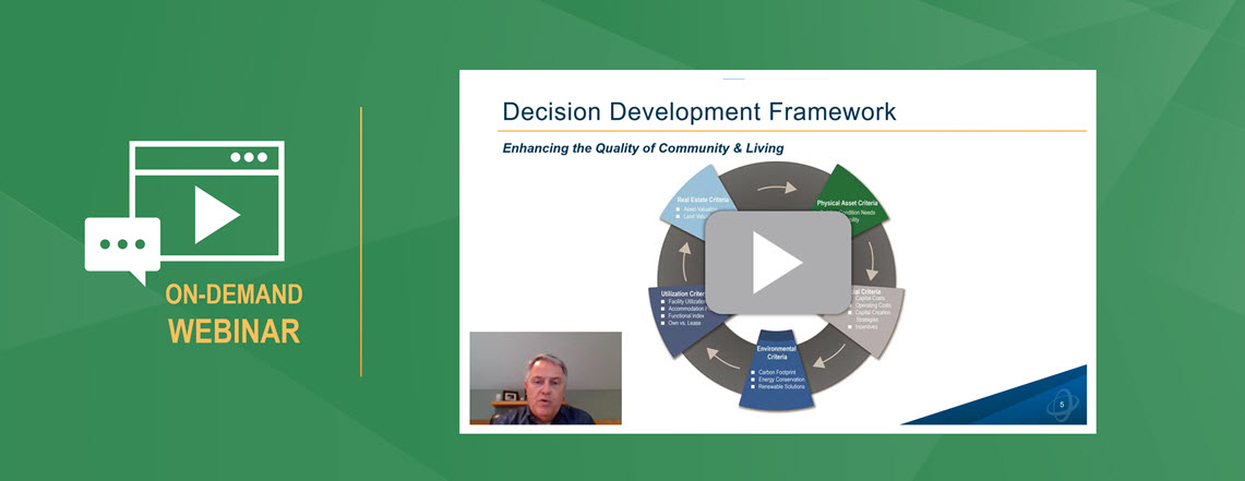Preview image for Ameresco's Leveraging Captial Creation Strategies webinar shows a person talking on a video conference next to a large chart under the heading "Decision Development Framework" next to a play buton and the words, "On Demand Webinar"