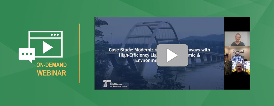 Thumbnail for Ameresco webinar on modernizing highway lighting shows a title screen with a play button superimposed over the webinar title and a photo of a bridge with three speakers on video conference to the right, next to the words "On-Demand Webinar."