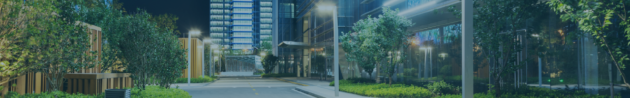 Evening viiew of an urban street leading up to an office building