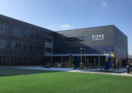 Daytime view of the entrance of Dore Elementary School in Chicago Illinois