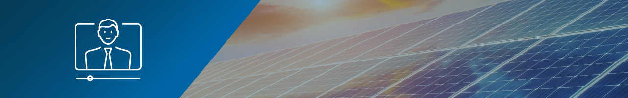 Icon of a person in an online video with a progress bar underneath superimposed on an abstract view of solar panels with the sun setting behind them