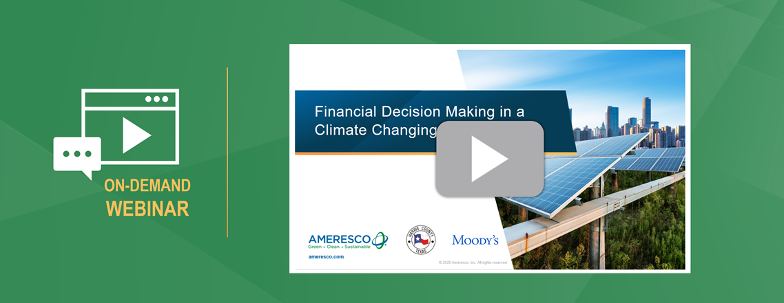 Preview image for Financial Decision Making in a Climate Changing Environment webinar shows the title slide beneath a play button next to the words On-Demand Webinar