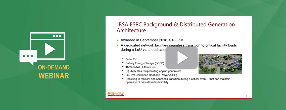 Preview screen for Ameresco webinar showing a slide discussing distributed generation architecture next to the words on-demand webinar