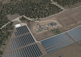 Daytime aerial view of land near Rocky Mountain College with rendered solar panels