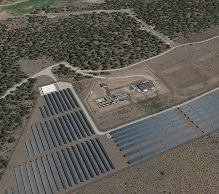 Daytime aerial view of land near Rocky Mountain College with rendered solar panels