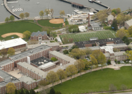 Daytime aerial view of the U.S. Coast Guard Academy in Bristol Connecticut