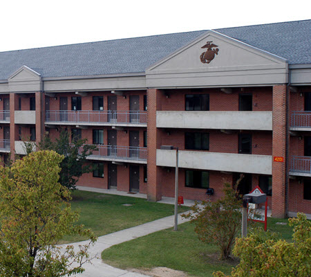 Daytime exterior view of barracks at U.S. Marine Corps Air Station Cherry Point