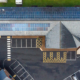 Daytime overhead view of solar panels on a building in Carmathanshire Wales